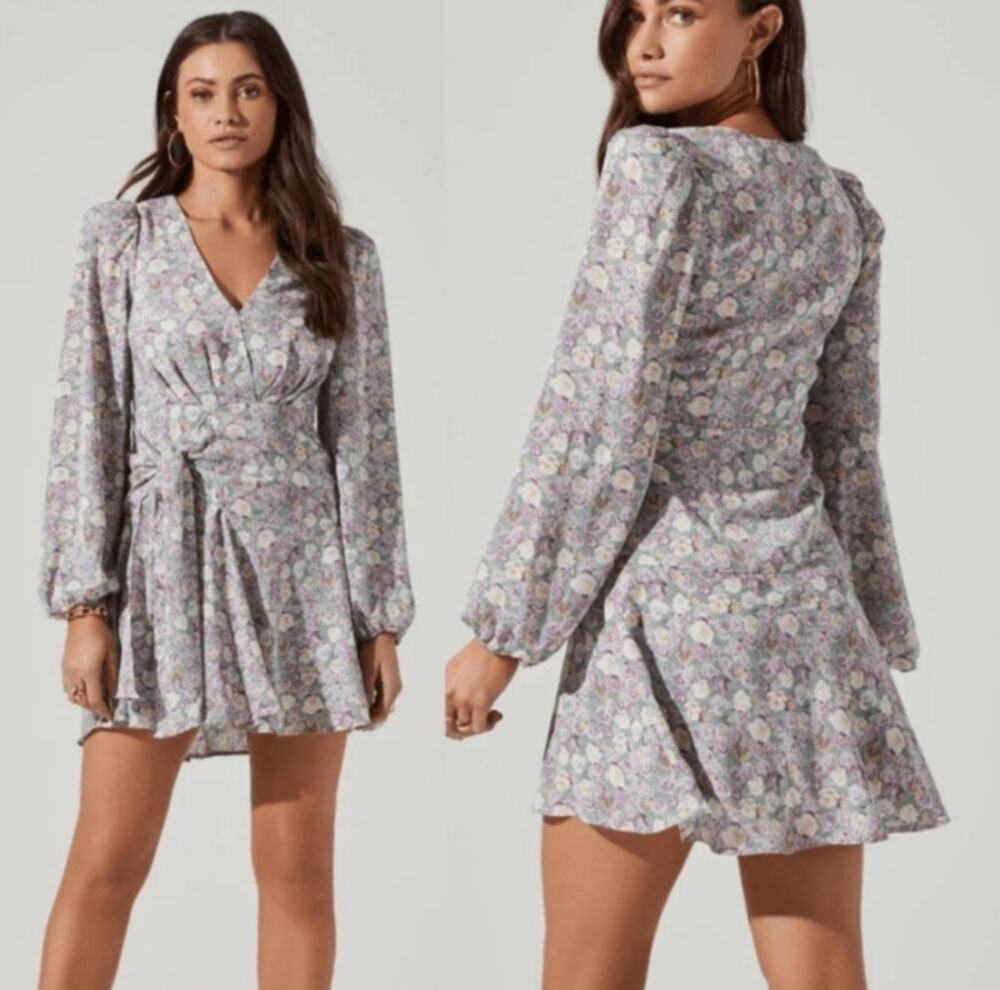 ASTR the label Floral Mini Faux Wrap Dress in Lavender Multi Size Medium